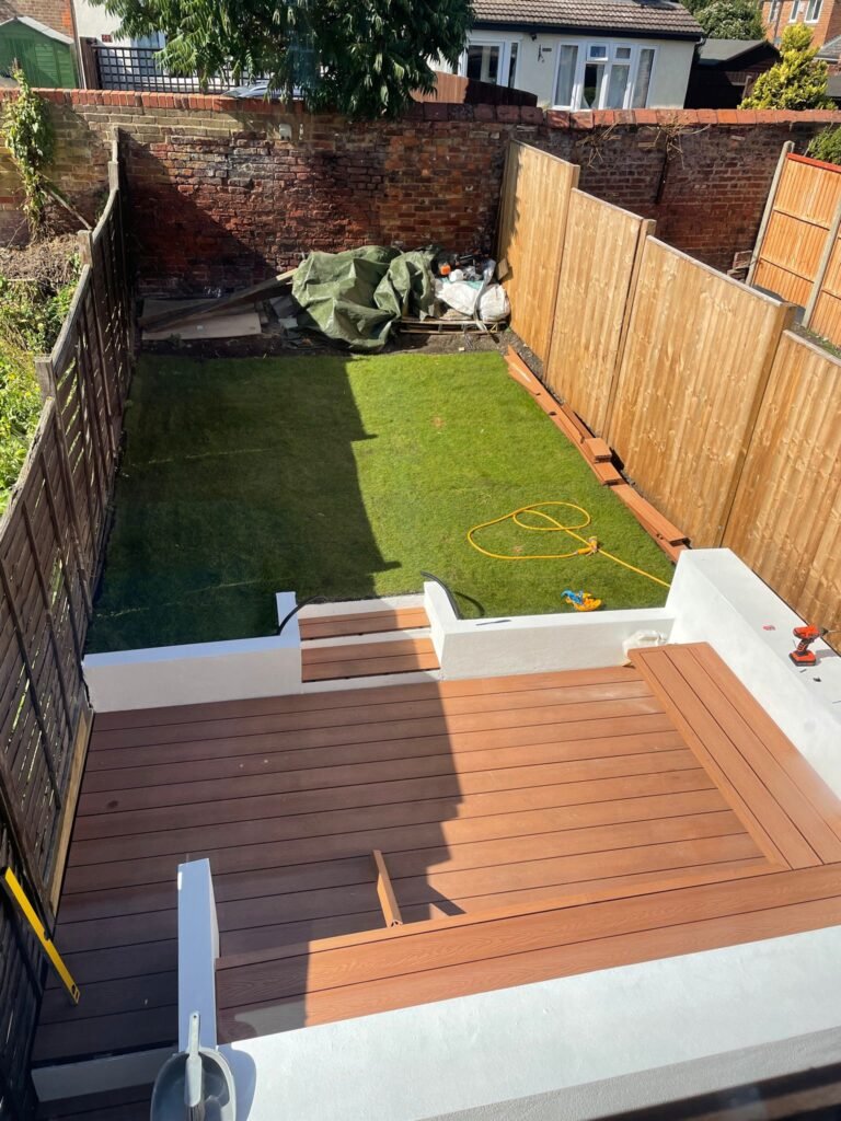 Composite decking on the benches and matching the floor